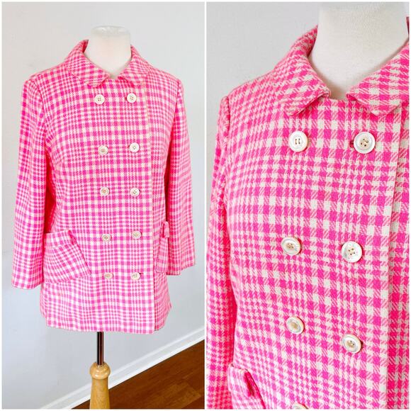 Vintage 60s Hot Pink Houndstooth Tweed Mod Peacoat Jacket // Size Medium - Picture 1 of 7